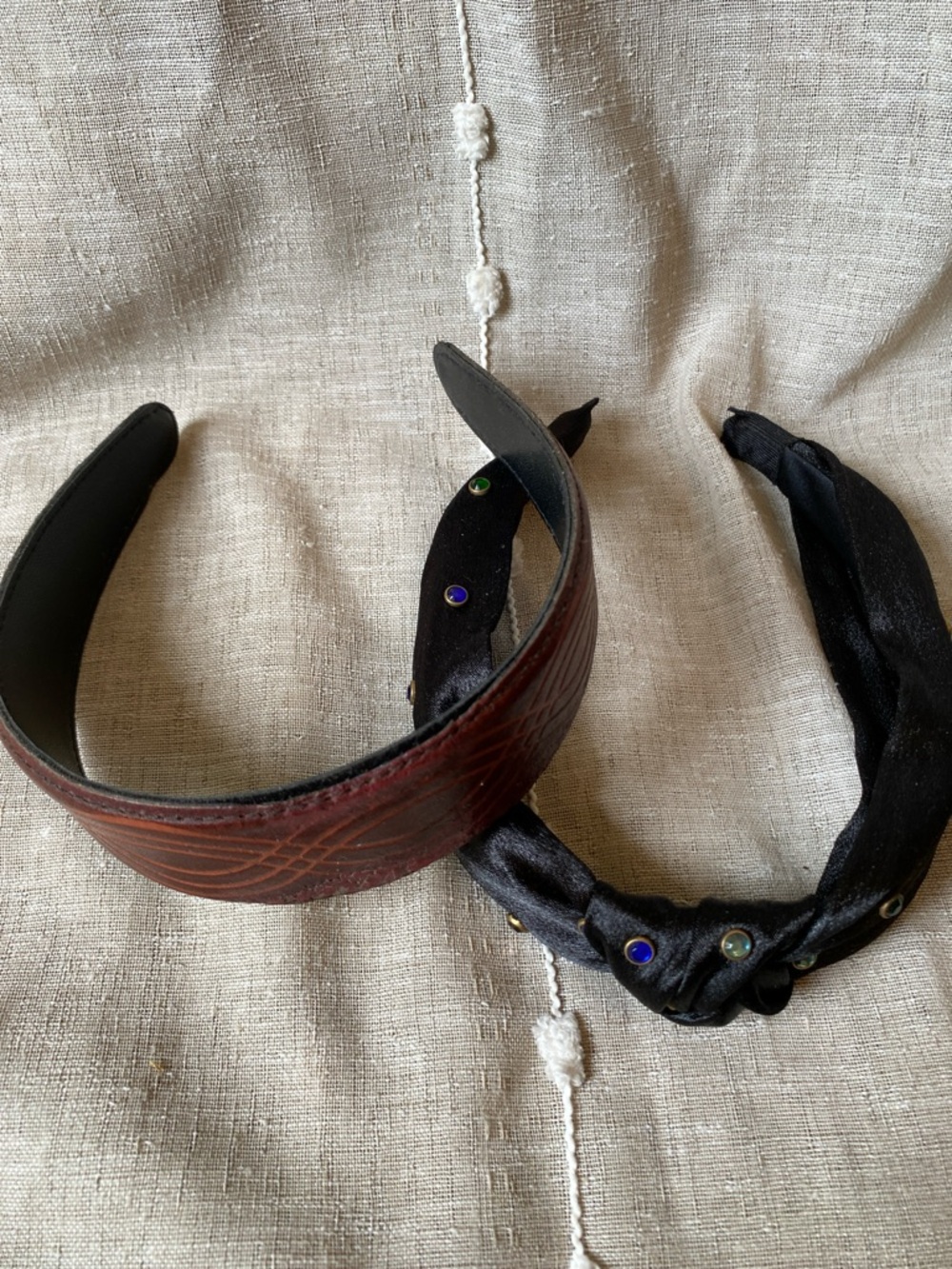 Brown Leather and Black Satin Headbands with Decorative Studs